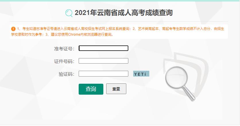 云南成人高考成績查詢